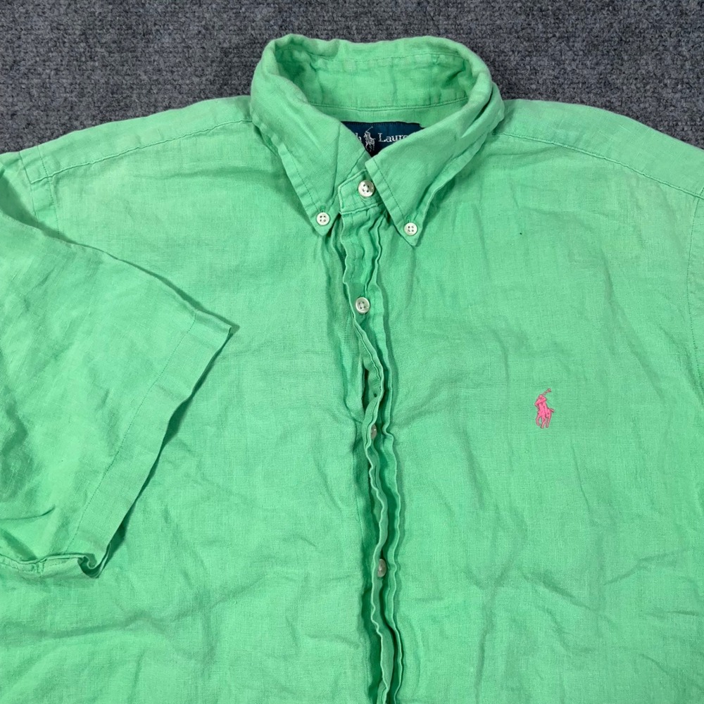 Ralph Lauren Classic Fit Button Up Shirt Men L 100% Linen Green S/S Coastal Frat